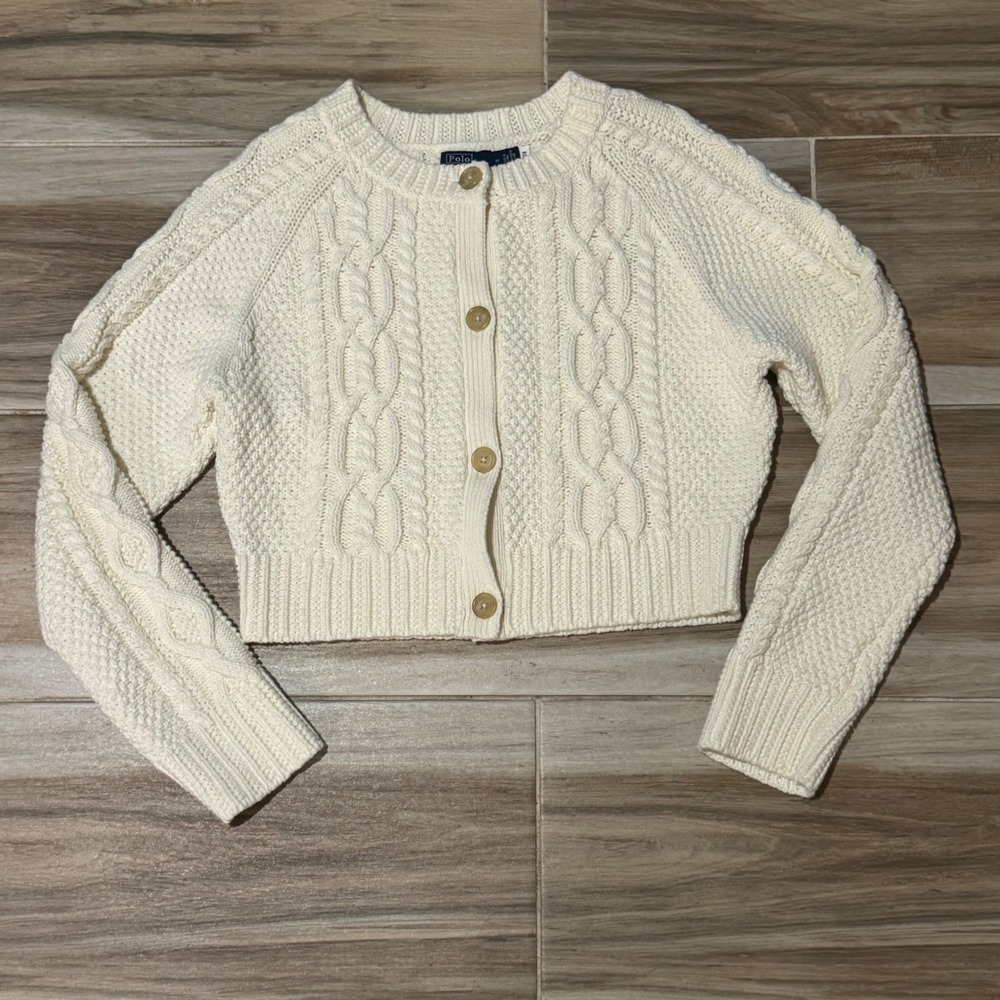 Polo Ralph Lauren Women M Cropped Cable Knit Cardigan Sweater Cream Button Front